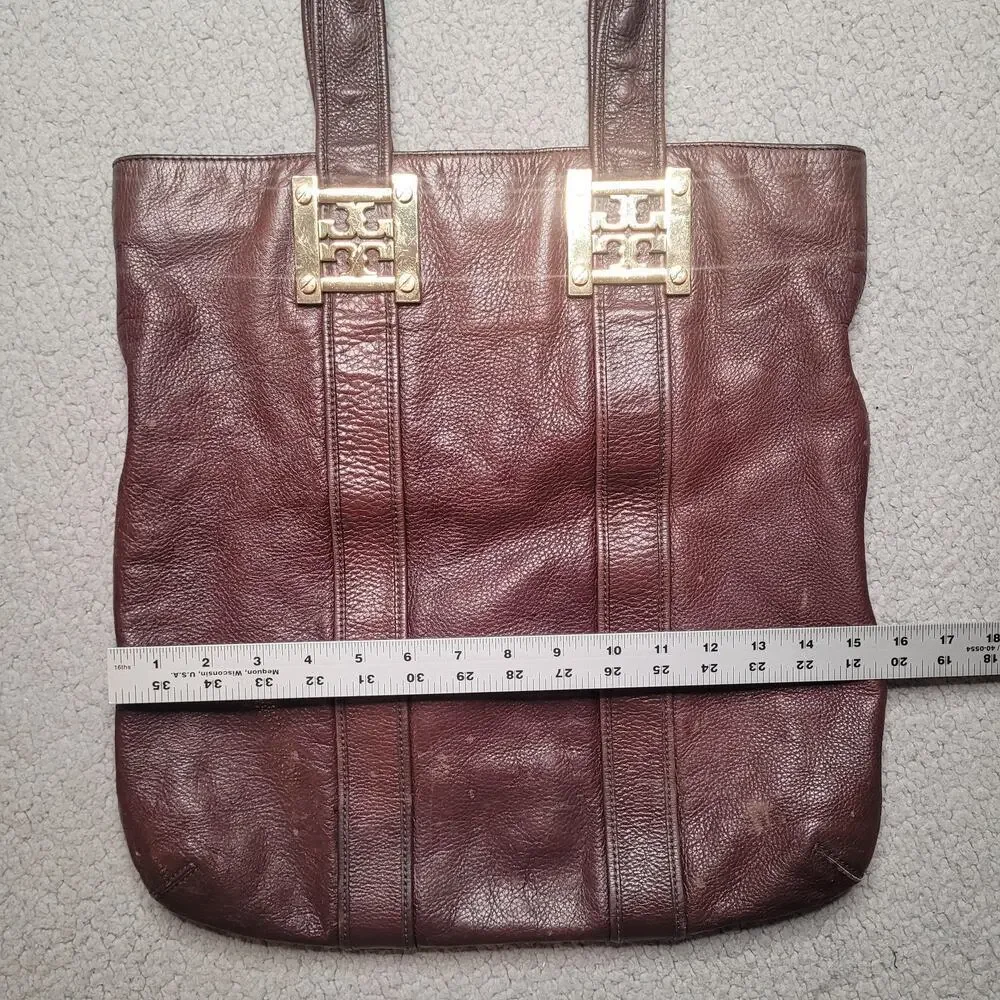 Tory Burch Tote Bag Large Brown Leather Pebbled Top Handle Logo Zip Purse